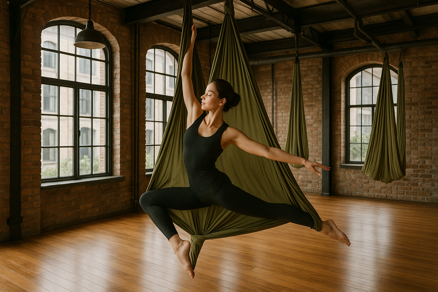 aerial yoga mit tuch in farbe olive in studio mit loftcharakter und holzboden